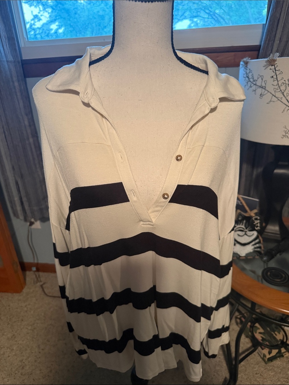 Maurices Cream and Black Striped Long Sleeve Polo Shirt